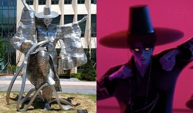 세종시 나성동 정부세종청사 국세청 앞에 2018년 설치됐다 이듬해 철거된 ‘흥겨운 우리 가락’ 조형물(왼쪽). ‘저승사자’를 닮아 무섭다는 민원에 철거됐지만, 최근 넷플릭스 애니메이션 영화 ‘케이팝 데몬 헌터스’ 속 ‘사자 보이즈’(오른쪽)와 닮았다며 다시 화제가 되고 있다. 자료 : 연합뉴스·넷플릭스