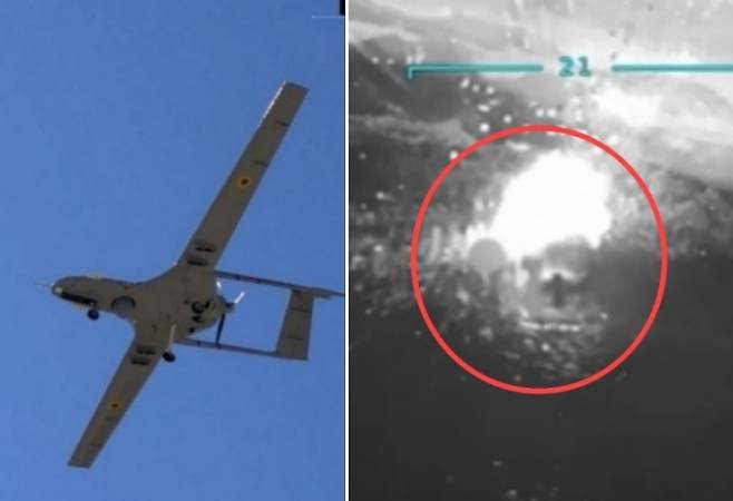 지난 3일(현지시간) 우크라이나 해군은 헤르손 지역에서 러시아군 고속정을 드론 공습하는 영상을 공개했다. 왼쪽은 튀르키예 방산기업이 만든 바이락타르 TB2 드론, 오른쪽은 공습 영상 캡처. 우크라이나 해군 텔레그램 캡처