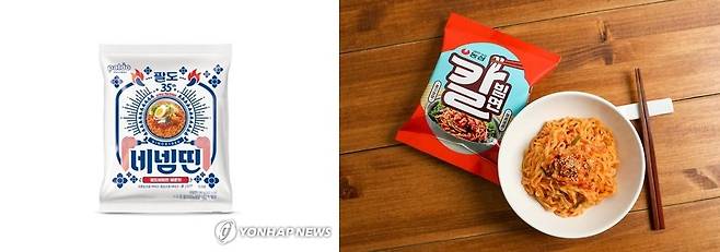 팔도 '괄도네넴띤'(왼쪽)과 농심 '칼빔면' [팔도.농심 제공. 재판매 및 DB 금지]