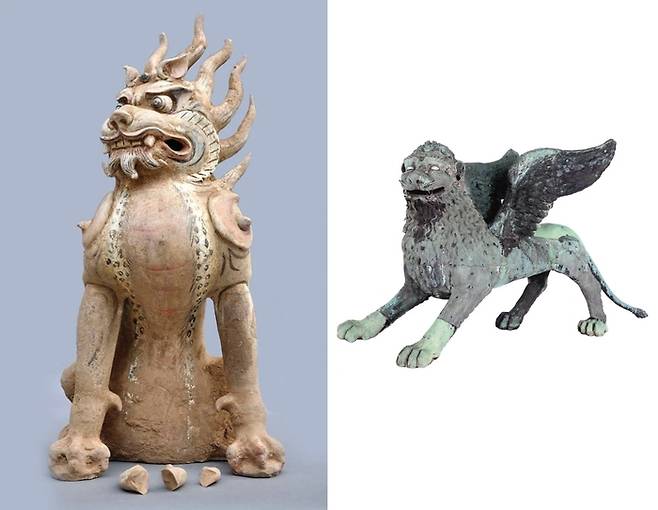 중국의 동물상 '진묘수'와 이탈리아 베네치아의 날개 달린 사자상. 사진=Lingtai County Museum/Scarfi/가디언캡처