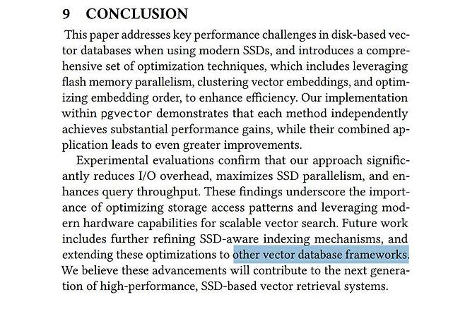 논문의 결론에는 다른 벡터 DB 체계에도 최적화할 것이라는 내용이 기재돼 있다 / 출처=서울대 VLDB 연구소