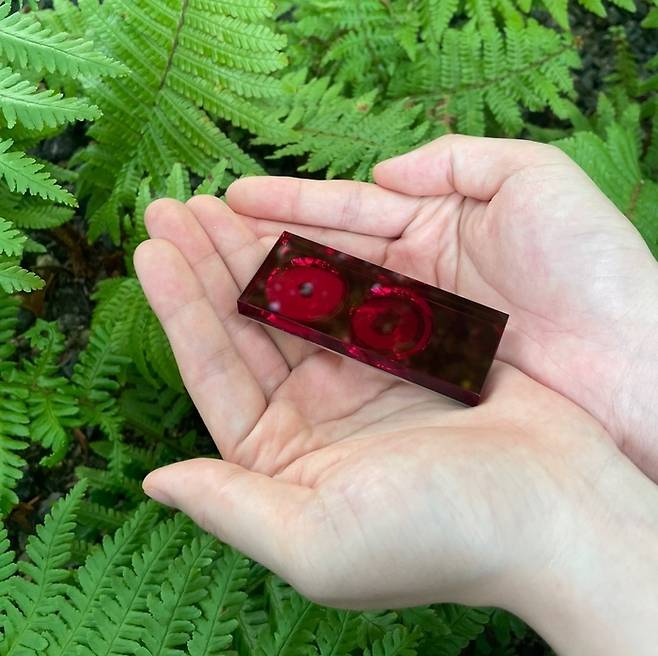 스웬의 혈액 봉안 스마트 추모 오브제 ‘마이블록’. 스마트폰을 대거나 QR코드를 인식하면 고인의 디지털 페이지로 연결된다. <스웬>