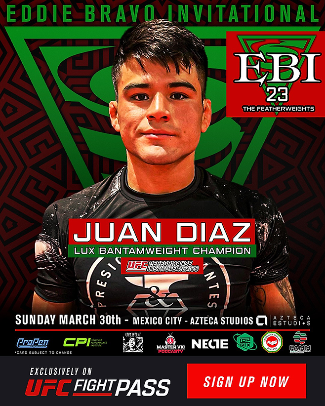 LUX 밴텀급 챔피언 후안 디아스는 2025년 3월 에디 브라보 초청 그래플링 페더급 16강 토너먼트에 참가했다. 글로벌 OTT 서비스 UFC Fight Pass로 세계 200여 국가에 생중계됐다. 사진=EBI 23: The Featherweights 프로필