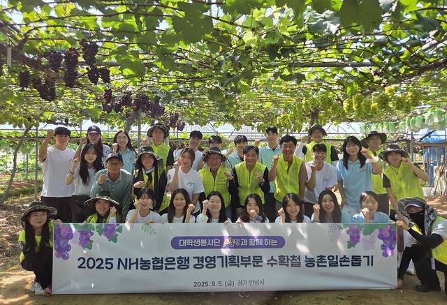 최동하 NH농협은행 수석부행장(둘째줄 가운데)과 대학생봉사단 N돌핀 단원들이 5일 경기 안성 포도농가를 찾아 농촌일손돕기를 실시했다. NH농협은행