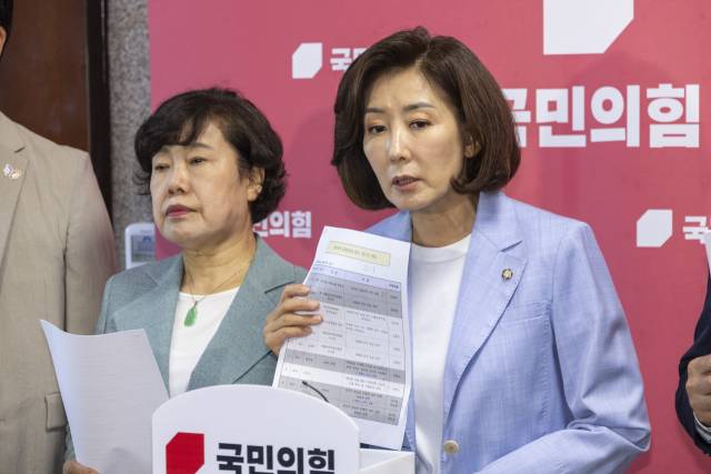 ▲국민의힘 나경원 의원을 비롯한 법사위원들이 5일 국회 법사위에서 개최한 검찰 개혁 청문회에서 증인 출석과 관련해 여당과 의견충돌로 퇴장한 뒤 기자회견을 하고 있다. ⓒ연합뉴스