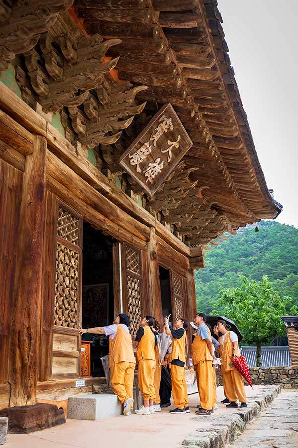 문화해설과 함께 대웅보전을 살펴보고 있는 템플스테이 참가자들.