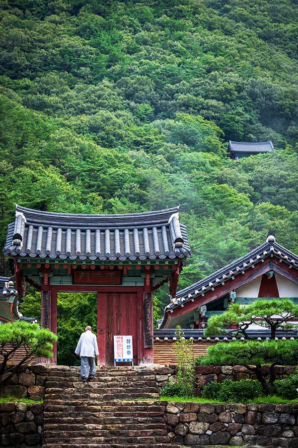 내소사의 아침. 한 스님이 아침 공양을 마치고 걸어가고 있다.