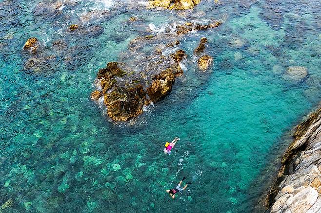 맑고 투명해 바닷속까지 보이는 강원도 고성군 거진리 백섬 부근은 많이 알려지지않은 'N차 여행지'다. '백섬해상전망대' 아래로 늦더위를 피해 스노클링을 즐기는 이들이 내려다보인다. / 양수열 영상미디어 기자