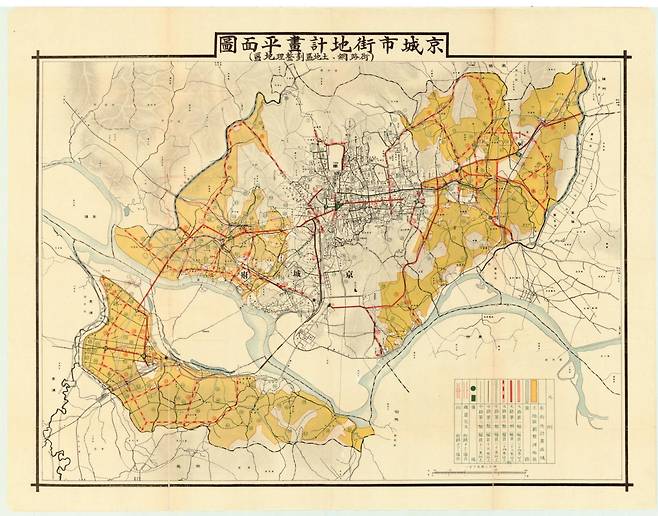1930년 발간 ‘경성시가지계획 평면도’. 짙은 노란색이 신흥 경성부 지역이다. 한강 이남으로 지금 영등포 일대만 편입됐다. 1936년부터 광복 이전까지 영등포에 토지구획사업이 실시됐다. 출처 서울역사박물관 아카이브