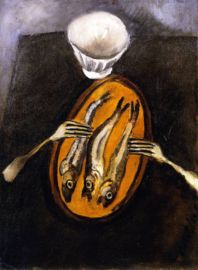 청어가 있는 정물(1916). 빈곤한 시절 그린 이 그림에서 수틴은 텅 빈 테이블에 익히지 않은 생선을 올려놔 허기를 교묘하게 표현했다. 양쪽에서 뻗어나온 포크는 마치 사람의 팔 같다. 수틴의 정물화는 이처럼 사실성이 덜함에도 불구하고 생동감이 있다. /개인소장