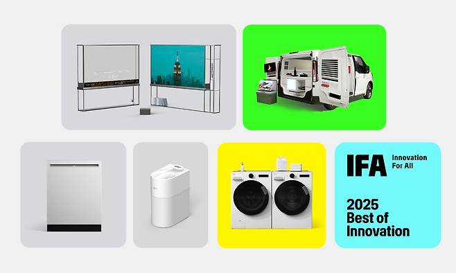 LG전자가 5일(현지시간) 독일 베를린에서 열린 IFA 2025 이노베이션 어워드에서 최고상을 비롯해 총 17개 상을 받았다. 사진은 시계 방향으로 △베스트 오브 IFA 및 홈엔터테인먼트 부문 최우수상을 받은 LG 시그니처 올레드 T △모빌리티 부문 최우수상을 받은 슈필라움 △가전 부문 최우수상을 받은 AI 기능 식기세척기와 미세 플라스틱 필터 △접근성 부문 최우수상으로 선정된 LG 컴포트 키트. LG전자 제공