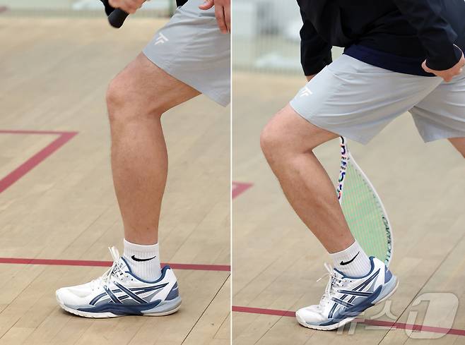 김승욱 스쿼시 지도자가 4일 인천 부평구 열우물스쿼시경기장에서 뉴스1과 인터뷰에 앞서 스쿼시 런지의 올바른 자세(왼쪽)와 잘못된 자세를 설명하고 있다. 2025.8.4/뉴스1 ⓒ News1 황기선 기자