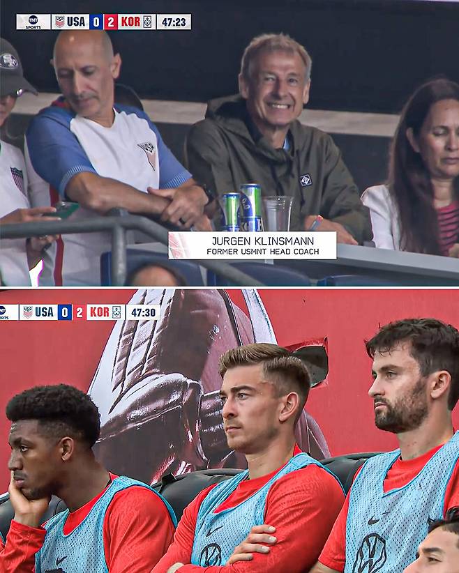 위르겐 클린스만(사진 위) 전 감독이 미국-한국전을 직관했다. 아들 조너선 클린스만이 미국 명단에 뽑혔지만, 이날 경기에 출전하지 않았다.