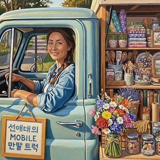 주원규 작가가 생성형 인공지능 챗지피티(GPT)에 “만물 트럭을 운전하는 40대 초반 한국 여성을 유화풍 스타일의 그림 이미지로 부탁해”라는 지시어를 입력해 생성한 이미지.