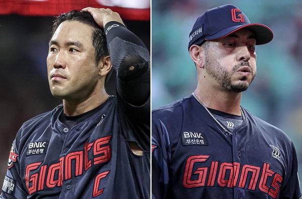 롯데가 3연패에 빠진 가운데 주장 전준우(왼쪽) 복귀 지연과 새 외인 투수 벨라스케즈 부진이라는 악재를 만났다.  롯데 자이언츠 제공