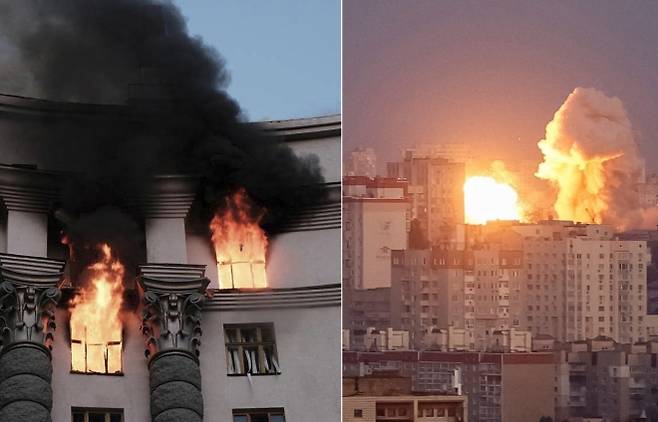 2025년 9월 7일(현지시간) 러시아 공습으로 불길에 휩싸인 우크라이나 정부 청사(왼쪽)와 키이우 도심에서 발생한 대규모 폭발 장면(오른쪽). AP·로이터 연합뉴스