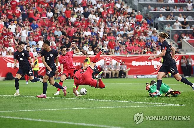 추가골 넣는 이동경 (해리슨[미국 뉴저지주]=연합뉴스) 윤동진 기자 = 6일(현지시간) 미국 뉴저지주 해리슨 스포츠일러스트레이티드 스타디움에서 열린 한국 대 미국 친선경기에서 한국 이동경이 추가골을 넣고 있다. 2025.9.7 mon@yna.co.kr