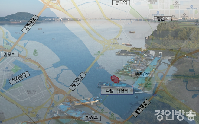 행주나루 일대 전경과 사업 예정지 위치도 합성 이미지. [사진=곽경호 기자]