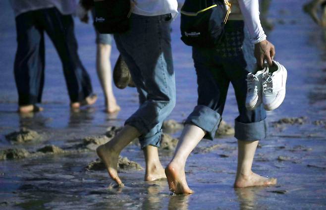 6일 오후 충남 보령 대천해수욕장에서 열린 ‘보령 해변 맨발 걷기 축제’에서 참가자들이 맨발로 모래사장을 걷고 있다. /신현종 기자
