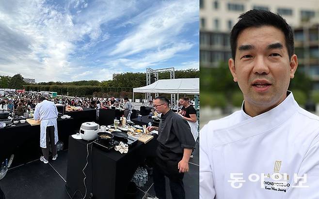 (왼쪽) 7일(현지시간) 파리 앙드레 시트로앵 공원에서 열린 ‘K 스트리트 페스티벌’에서 한국 전통 장을 주제로 요리배틀 결승전이 펼쳐지고 있다. 우승은 된장 소스를 곁들인 삼겹살 스테이크를 만든 공휘명 씨(가장 오른쪽)이 차지했다. / (오른쪽)미슐랭 가이드 2스타 레스토랑 ‘권숙수’를 운영하는 권우중 셰프. 파리=유근형 특파원