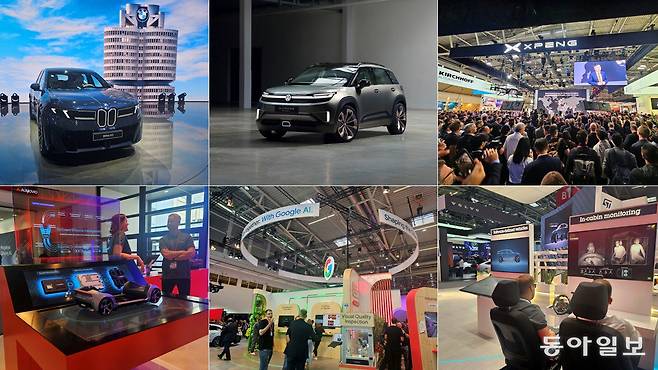 8일 독일 뮌헨 메쎄에서 열린 IAA 프레스데이 현장에서 기업들이 차세대 전기차 모델을 선보였다. 왼쪽 위 시계방향으로 BMW는 ‘노이어 클라세’ 플랫폼 기반 뉴 iX3를 세계 최초로 공개했고, 폭스바겐은 2026년 양산 예정인 컴팩트 전기 스포츠유틸리티차량(SUV) ‘ID.크로스 콘셉트’를 처음 선보였다. 중국 업체 샤오펑(XPENG) 부스에는 수많은 외신 기자와 자동차 관계자들이 몰렸다. 이번 IAA에는 2023년 대비 40% 더 많은 중국 업체가 참가해 ‘유럽 대 중국’ 대결 구도를 형성했다. 구글 AI 부스와 소프트웨어 정의 차량(SDV) 시연 현장에서는 방문객들이 인공지능·자율주행 등 미래 모빌리티 핵심 기술을 직접 체험할 수 있었다. 뮌헨=김재형 기자 monami@donga.com