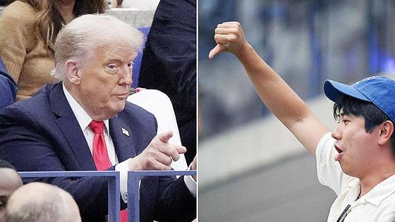 7일(현지시간) US오픈 남자 단식 결승전이 열린 뉴욕 경기장을 찾은 도널드 트럼프 미국 대통령과 그를 향해 야유하는 한 관중. 로이터·AFP=연합뉴스
