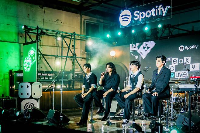 Day6 speaks to the audience during the "Spotify Speakeasy Live" event in Seoul, Thursday. (Spotify Korea)