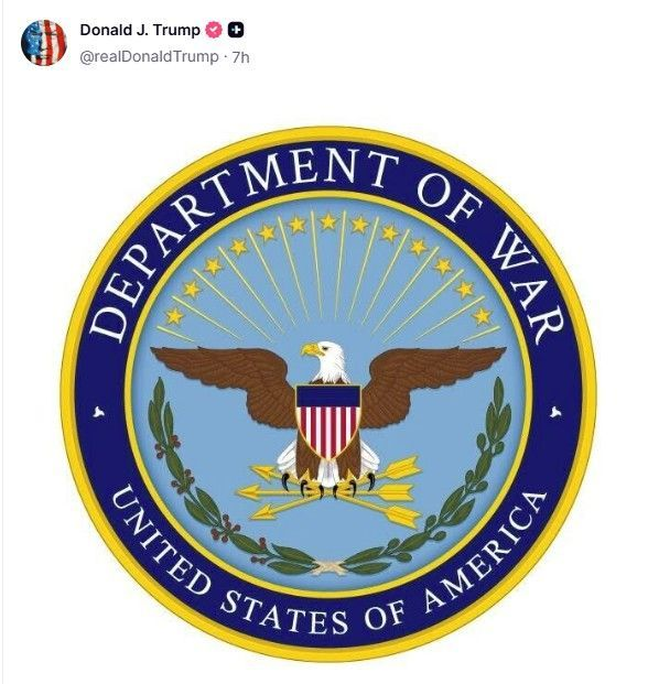 도널드 트럼프 미국 대통령이 트루스소셜에 올린 ‘전쟁부’ 문장. 트럼프 대통령 계정 캡처