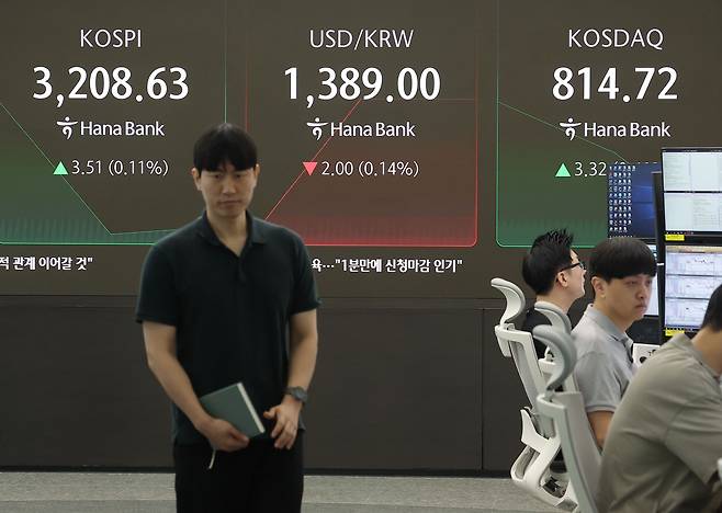 8일 오전 서울 중구 하나은행 본점 딜링룸에서 딜러가 업무를 보고 있다. 이날 코스피는 전날보다 4.69p(0.15%) 오른 3209.81로 시작했다. 원/달러 환율은 2.5원 내린 1388.5원으로, 코스닥은 4.50p(0.55%) 오른 815.90로 개장했다. [연합]