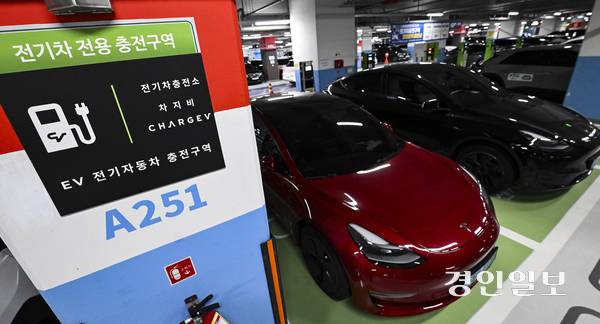 전기승용차 보조금 조기 소진 현상이 올해도 어김없이 나타났다. 사진은 전기차 충전구역에 차량이 주차돼 있는 모습. /경인일보DB