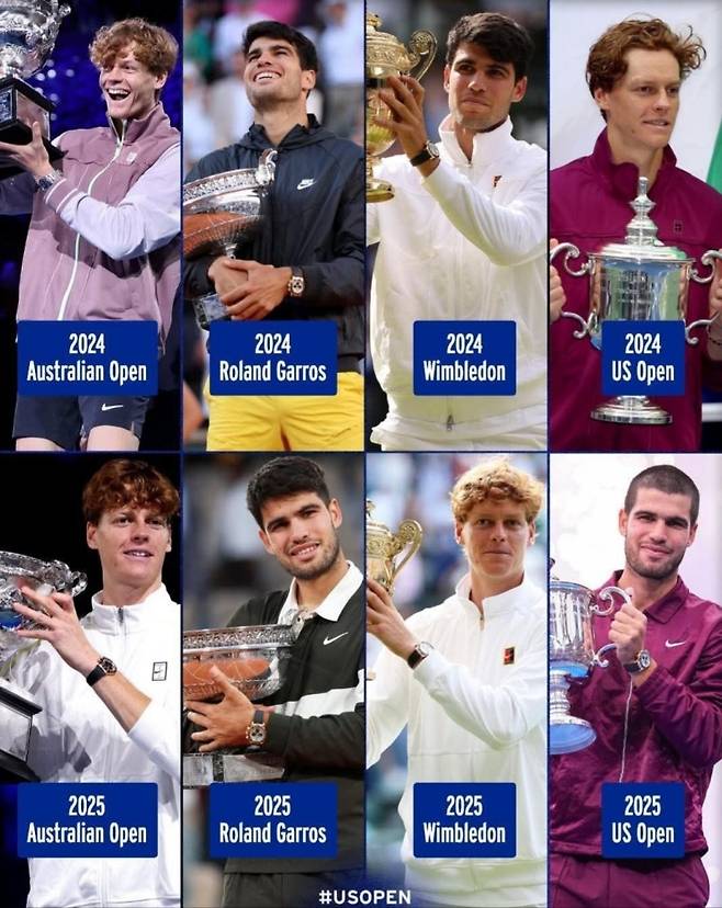 2024년과 2025년 4대 그랜드슬램 타이틀을 4개씩 나눠 가진 알카라스와 시너. 사진/ATP 투어