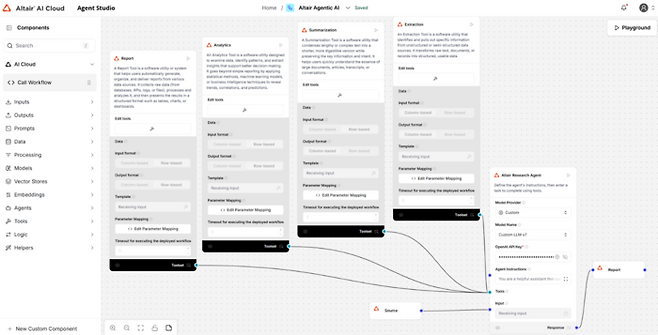 알테어 AI 클라우드에서 맞춤형 AI 에이전트를 시각적으로 설계·구축하는 모습