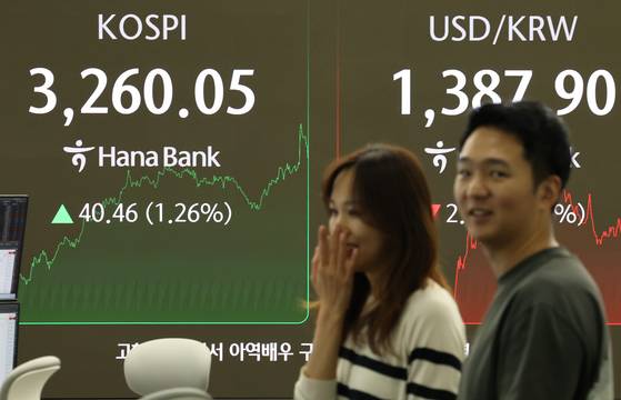 9일 오후 서울 중구 하나은행 본점 딜링룸 현황판에 코스피가 표시돼 있다. 이날 코스피는 전 거래일보다 1.26% 상승한 3260.05로 장을 마쳤다. 연합뉴스
