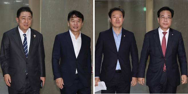 여야 원내지도부가 9일 서울 여의도 국회 운영위원장실에서 열린 여야 원내지도부 회동에 참석하고 있다. (왼쪽부터) 김병기 더불어민주당 원내대표, 문진석 민주당 원내수석부대표, 박수민 국민의힘 원내대표 비서실장, 송언석 국민의힘 원내대표. 연합뉴스