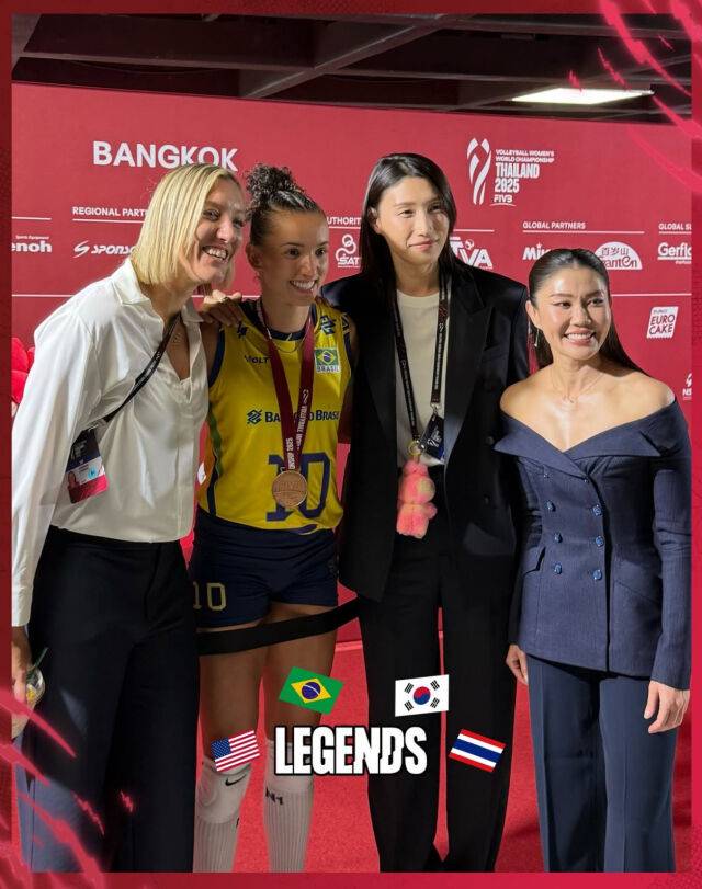 (왼쪽부터) 조던 라슨, 브라질 에이스 가비, 김연경, 눗사라 톰콤./FIVB