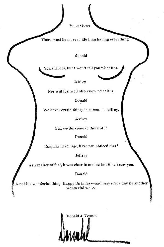 [서울=뉴시스]도널드 트럼프 미 대통령이 아동성범죄자 제프리 엡스타인에게 보냈다는 외설적 내용의 그림을 미 하원 감독위원회가 8일(현지시각) 공개했다. 2025.9.9. *재판매 및 DB 금지