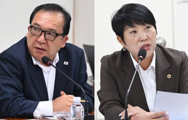 제주도의회 보건복지전위위원회 소속 이정엽 의원(국민의힘·대륜동)과 홍인숙 의원(더불어민주당·아라동갑) 10일 442회 임시회에 집행부를 상대로 질의하고 있다.