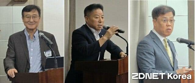 국방분야 AI SW 컨퍼런스가 10일 대전 계룡스파텔에서 개최됐다. 왼쪽부터  주최측 황일선 국방SW협회장과 이계광 대전방위산업연합회장, 심임보 KSEAS 명예회장(기조강연자).