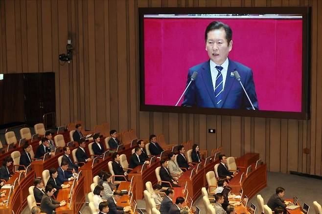 정청래 더불어민주당 대표가 9일 오전 국회 본청에서 열린 국회 본회의에서 교섭단체대표연설을 하고 있다. ⓒ데일리안 홍금표 기자