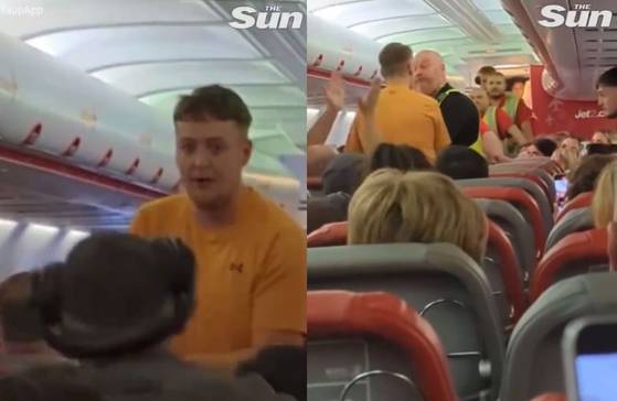 기내에서 난동을 피운 매튜 테일러(30)가 경찰에 체포되자 박수치는 승객들. 사진 더 선 영상 캡처