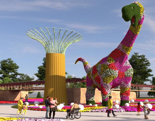 올해 고성공룡세계엑스포에서 처음 선보일 초대형 플라워 사우루스 조감도. 고성문화관광재단 제공