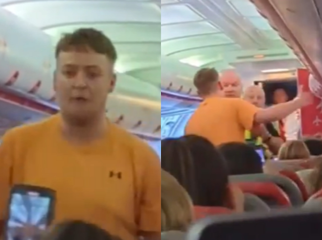 난동을 부리던 남성이 경찰에 의해 비행기에서 내렸다. [사진 = 더선]