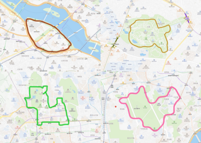 좌상단부터 시계 방향으로 여의도 고구마런, 어린이대공원 붕어빵런, 남산 하트런, 광화문 강아지런. SNS 갈무리