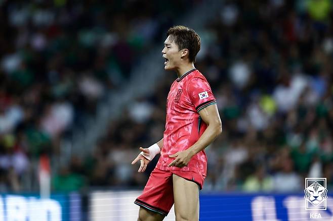 10일(한국시간) 미국 테네시주 내슈빌의 지오디스파크에서 열린 한국과 멕시코의 친선경기에서 오현규가 골을 넣은 뒤 환호하고 있다. 대한축구협회 제공