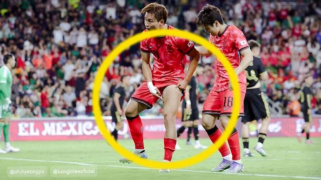 ▲ 오현규가 멕시코전에서 득점한 이후 무릎을 가리키는 세리머니를 한 사진이 공개됐다 ⓒFAPHOTOS 인스타그램