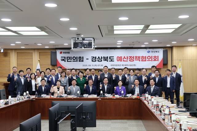 ▲ 국민의힘·경상북도 정책협의회가 11일 국회의원회관에서 열려 지역 발전을 위한 핵심 현안들에 대해 심도있게 논의했다. 참석자들이 기념촬영을 하고 있다. 조지연 의원실.