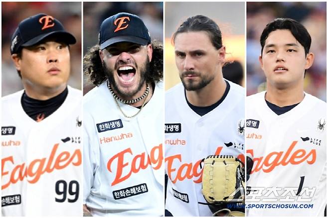 왼쪽부터 한화 이글스 류현진, 코디 폰세, 라이언 와이스, 문동주. 류현진만 10승까지 2승을 남겨두고 있다. 4명이 선발 10승을 달성한다면 한화 구단 역대 최초가 될 예정. 스포츠조선DB
