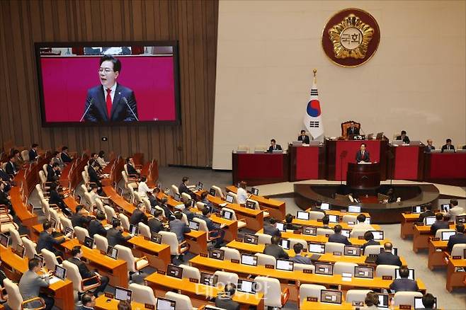 송언석 국민의힘 원내대표가 10일 오전 열린 국회 본회의에서 교섭단체대표연설을 하고 있다. ⓒ데일리안 홍금표 기자