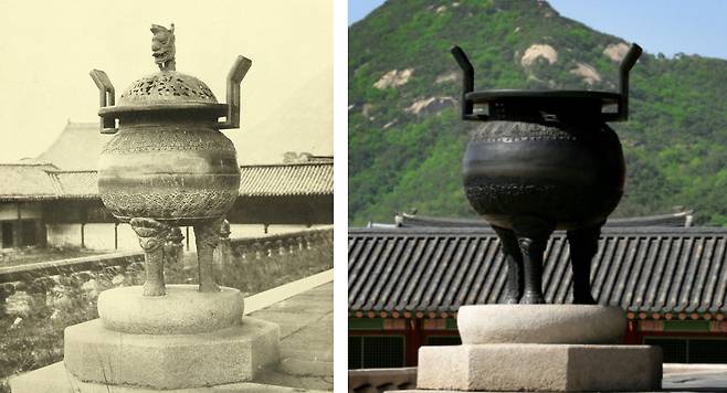 1930년 ‘조선고적도보’에 실린 경복궁 근정전 향로(왼쪽 사진). 현재는 뚜껑이 사라지고 없다. 국가유산청 제공