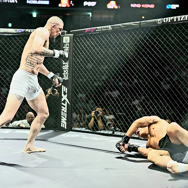 ‘노블레스’ 미우송 카스트루가 2025년 8월 인천광역시 영종국제도시 인스파이어 아레나 블랙컴뱃 15 웰터급 경기에서 미들급 챔피언 ‘킹콩’ 오일학을 다운시킨 후 승리를 확정 짓기 위해 달려가고 있다. 사진=이데아 파라곤